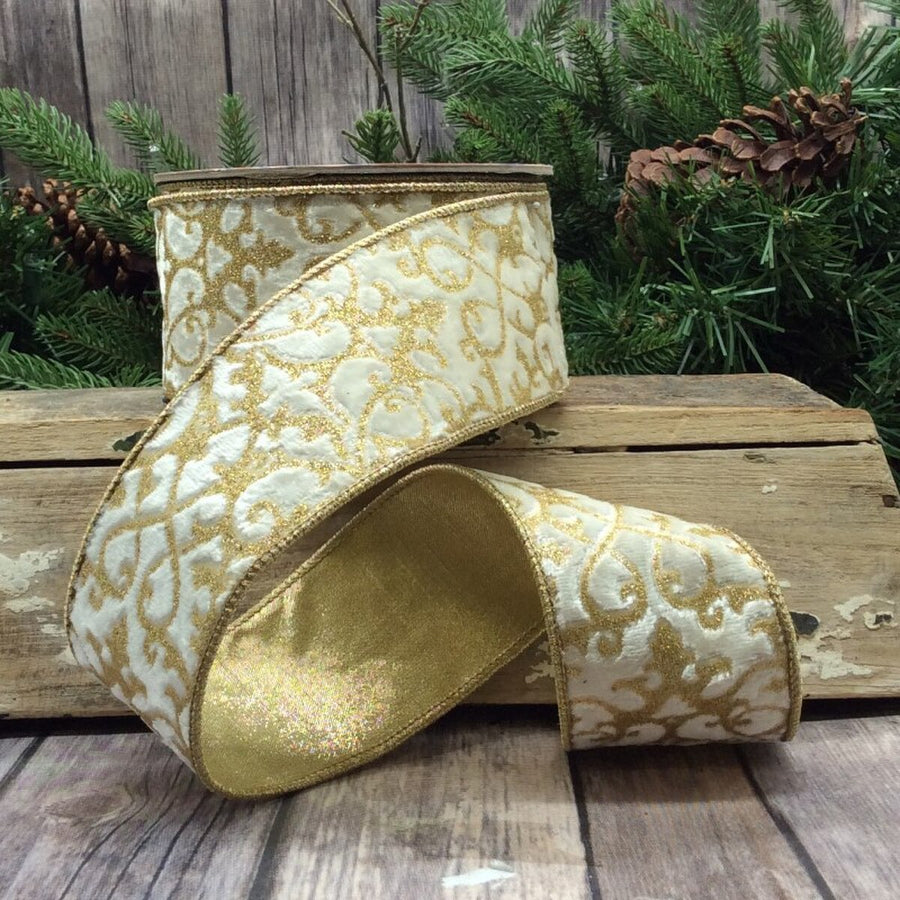 Winter White Velvet Glitter Ribbon 2.5" x 10 Yds