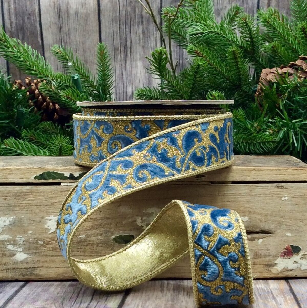 Dusty Blue Velvet Glitter Ribbon 1.5 Inch x 10 Yards