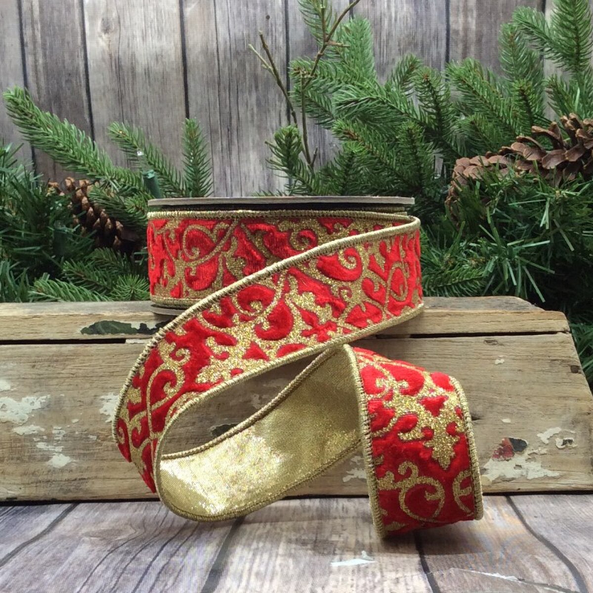 Red Hot Velvet Glitter Treillage Ribbon 1.5 In x 10 Yds