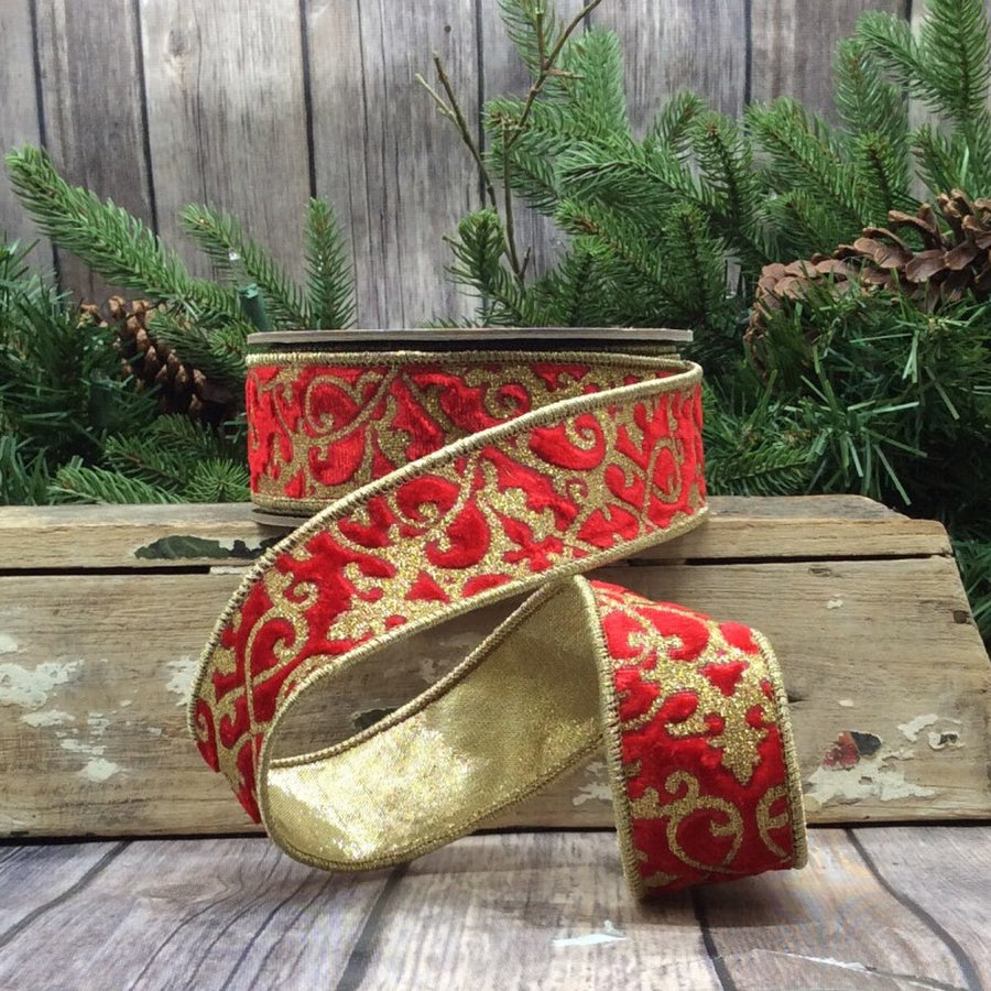 Red Hot Velvet Glitter Treillage Ribbon 1.5 In x 10 Yds