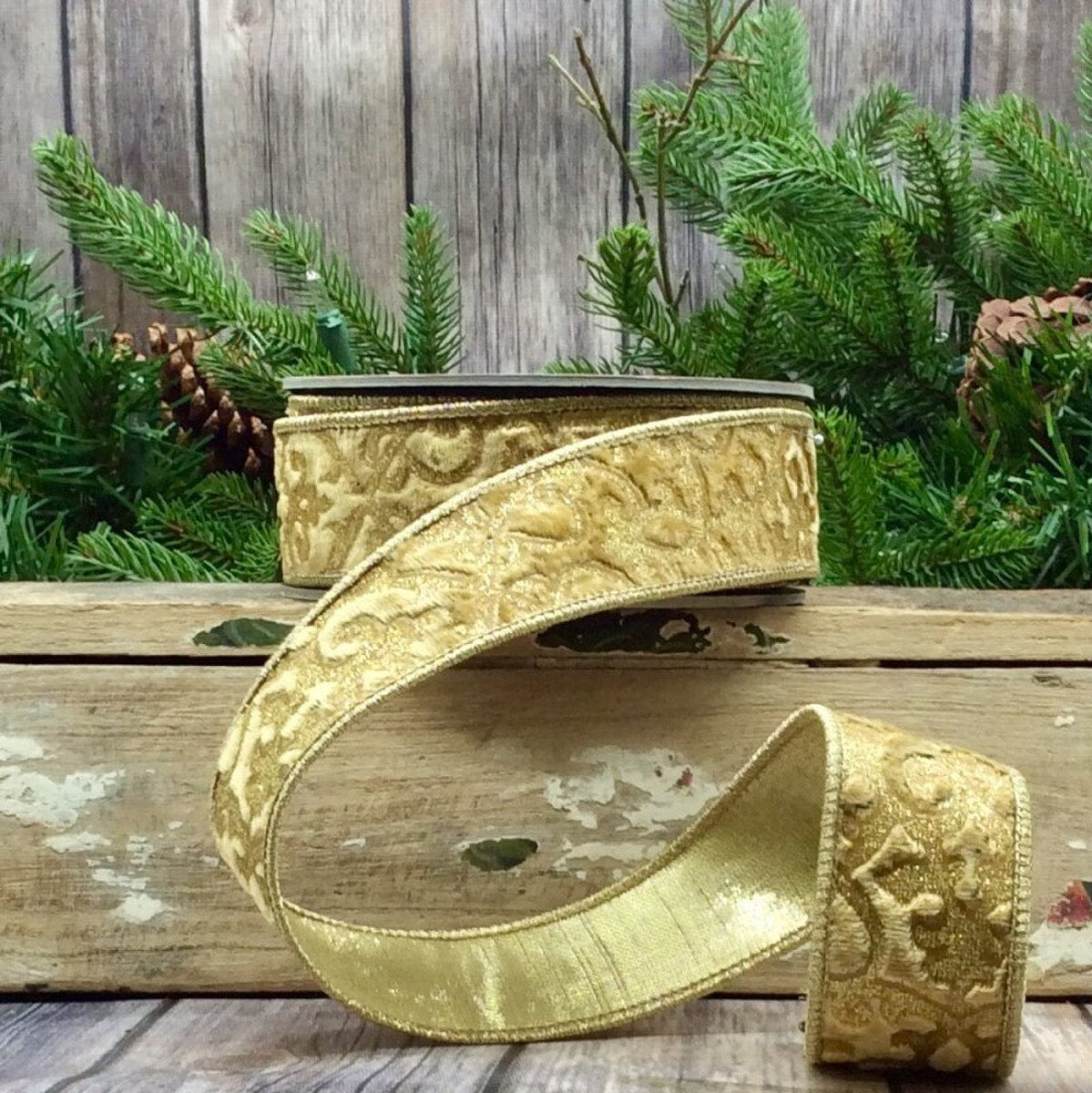 Gold Velvet Glitter Treillage Ribbon 1.5 Inch x 10 Yards