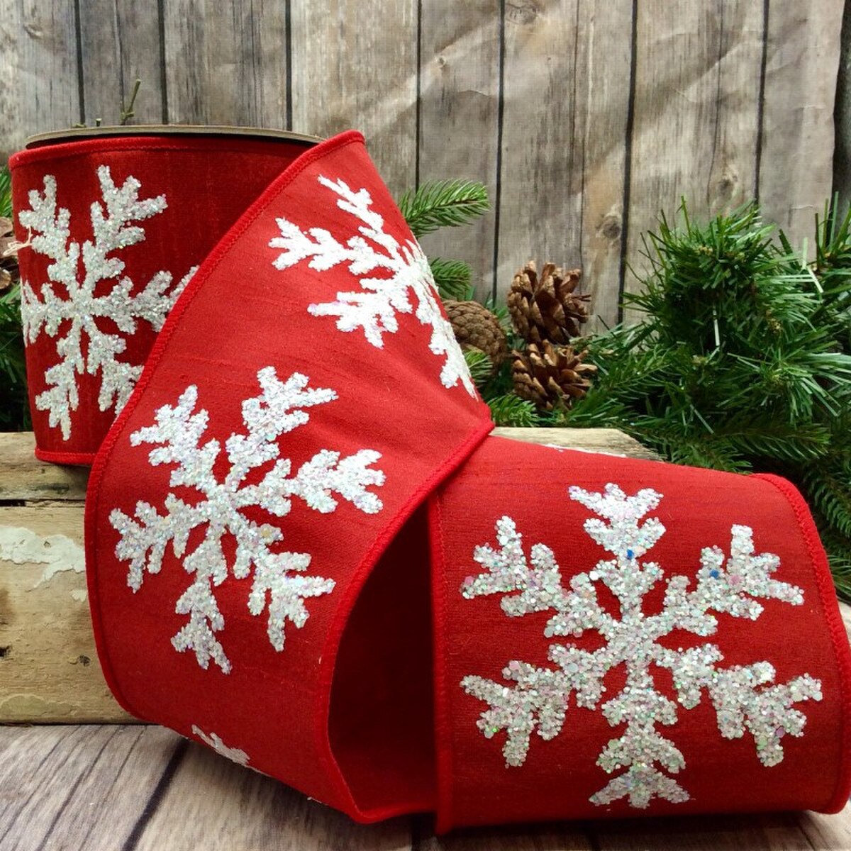 Snowflake Red Ribbon Dupion Matte White 4" x 5 Yds