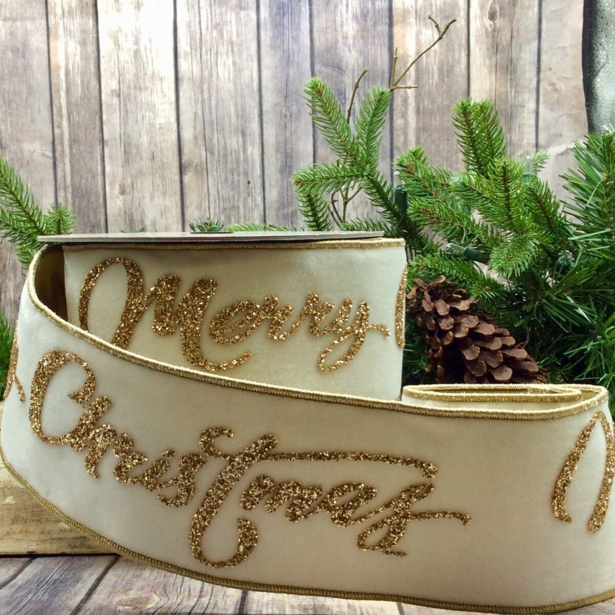 Merry Christmas Velvet Gold Glitter Ribbon 4 Inch x 10 Yards