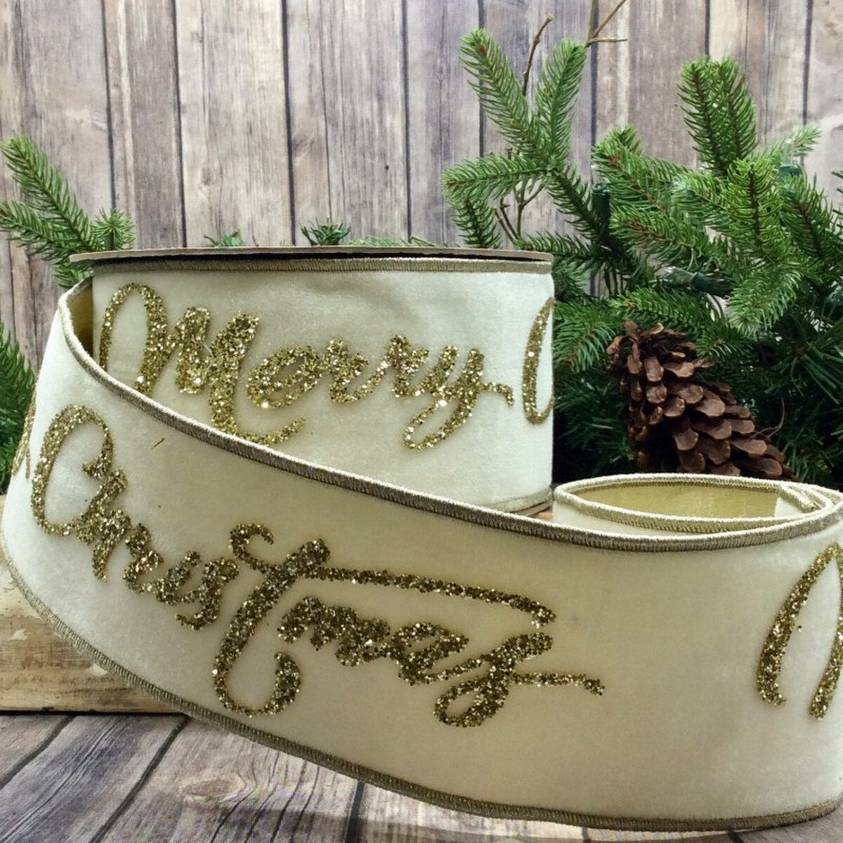 Winter White Velvet Glitter Ribbon 4 Inch x 10 Yards