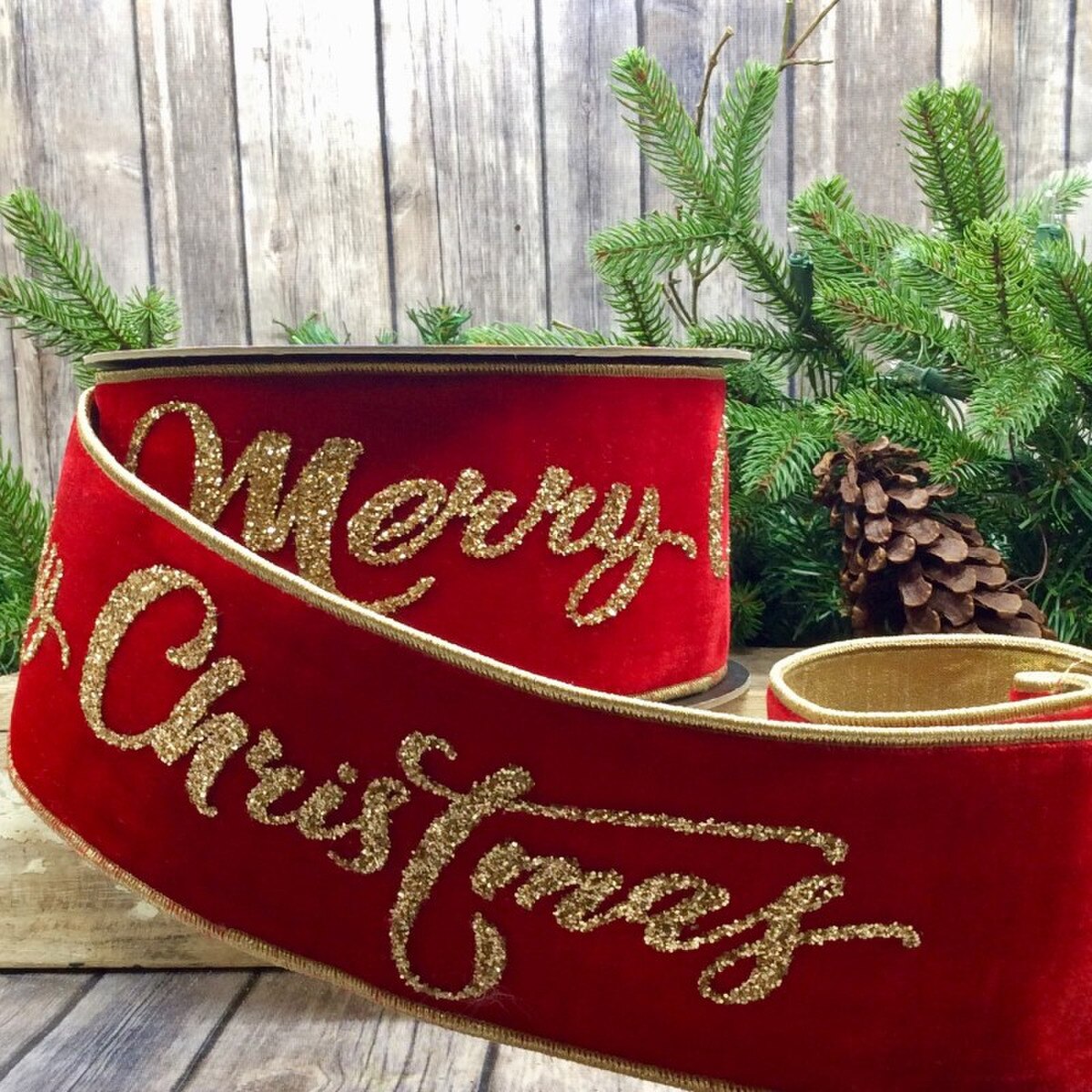 Red Velvet Gold Glitter Merry Christmas Ribbon 4" x 10 Yds