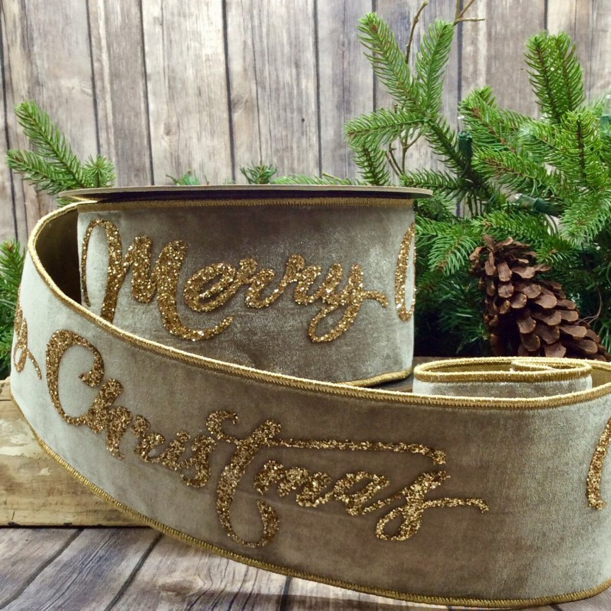 Velvet Gold Glitter Ribbon 4 Inch x 10 Yards Merry Christmas