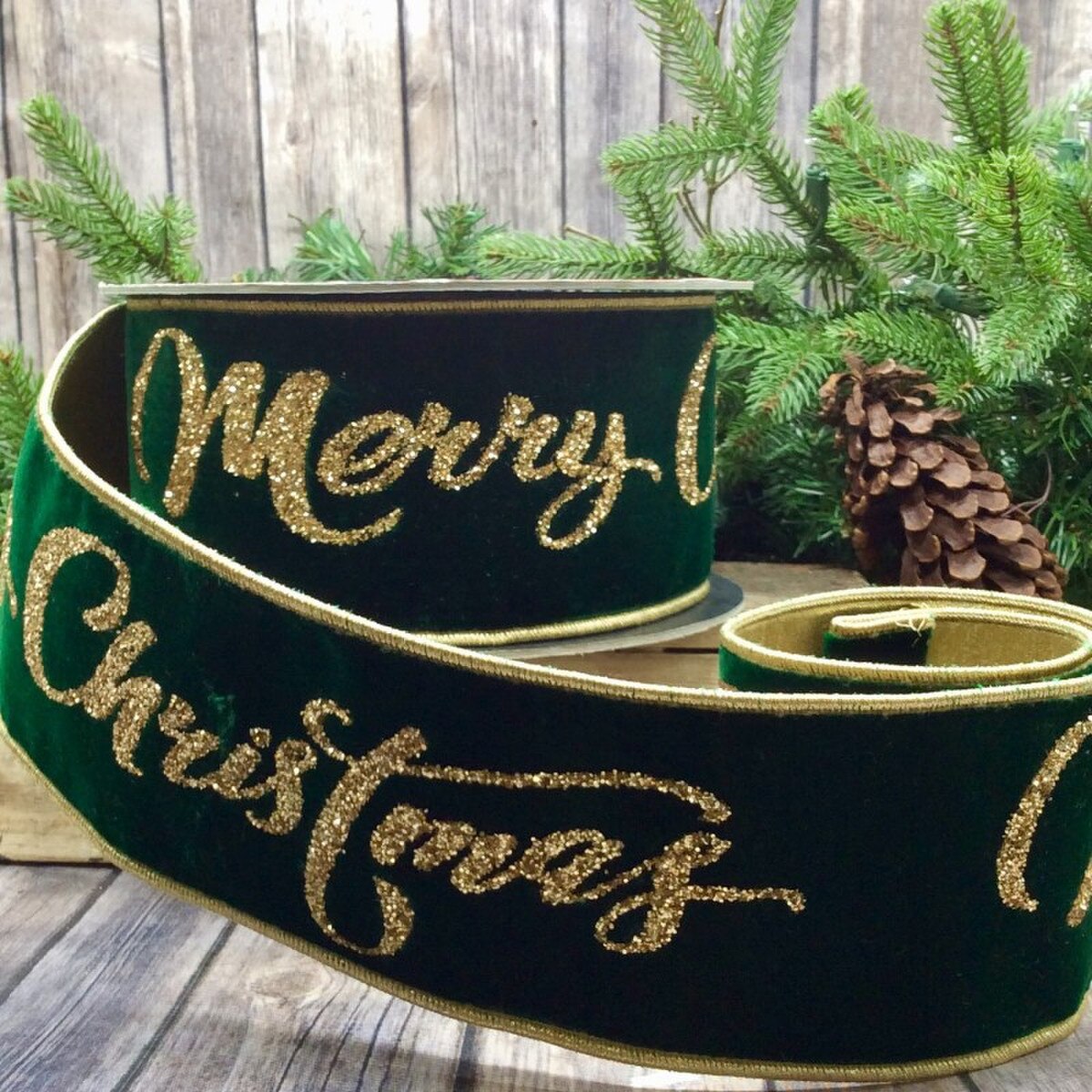 Emerald Velvet Gold Glitter Merry Christmas Ribbon 4" x 10 Yds