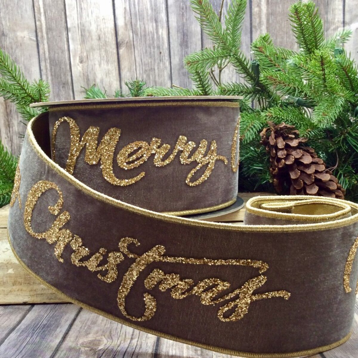 Gold Glitter Merry Christmas Grey Velvet Ribbon 4" x 10 Yds