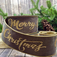 Gold Glitter Merry Christmas Grey Velvet Ribbon 4