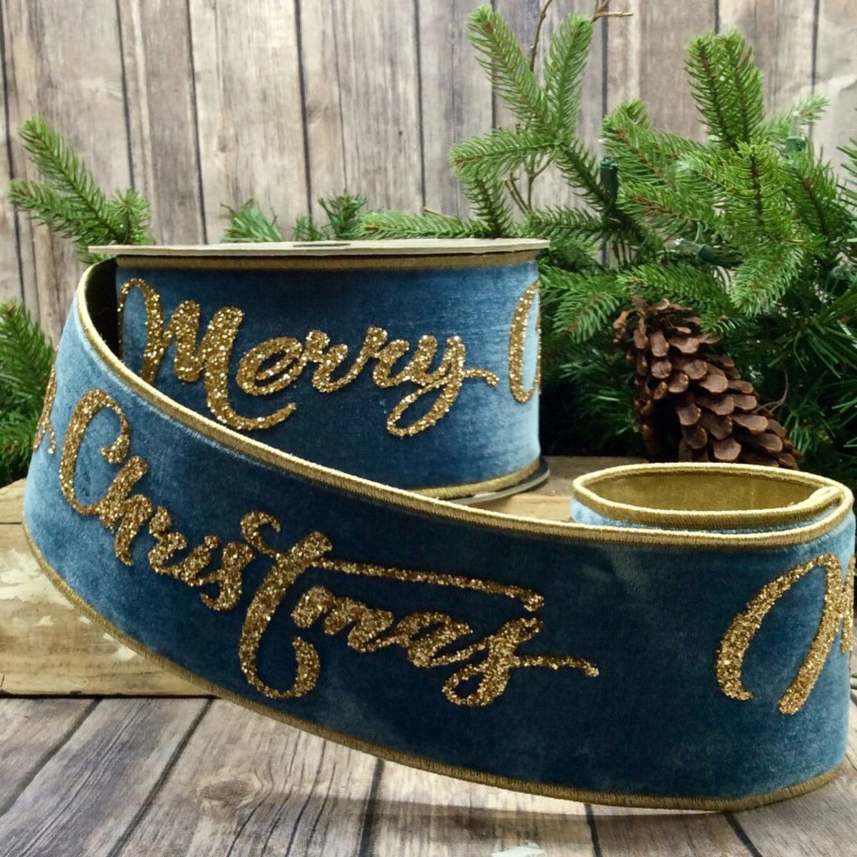 Dusty Blue Velvet Gold Glitter Christmas Ribbon 4" x 10 Yds