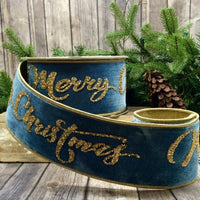 Dusty Blue Velvet Gold Glitter Christmas Ribbon 4