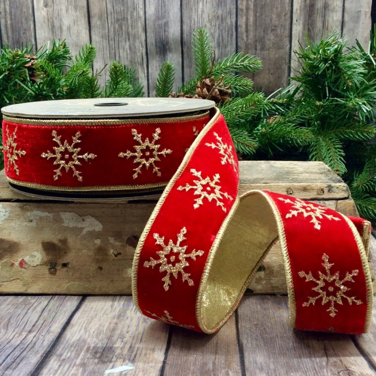 Red Velvet Gold Glitter Snowflake Ribbon 2 Inch x 10 Yds