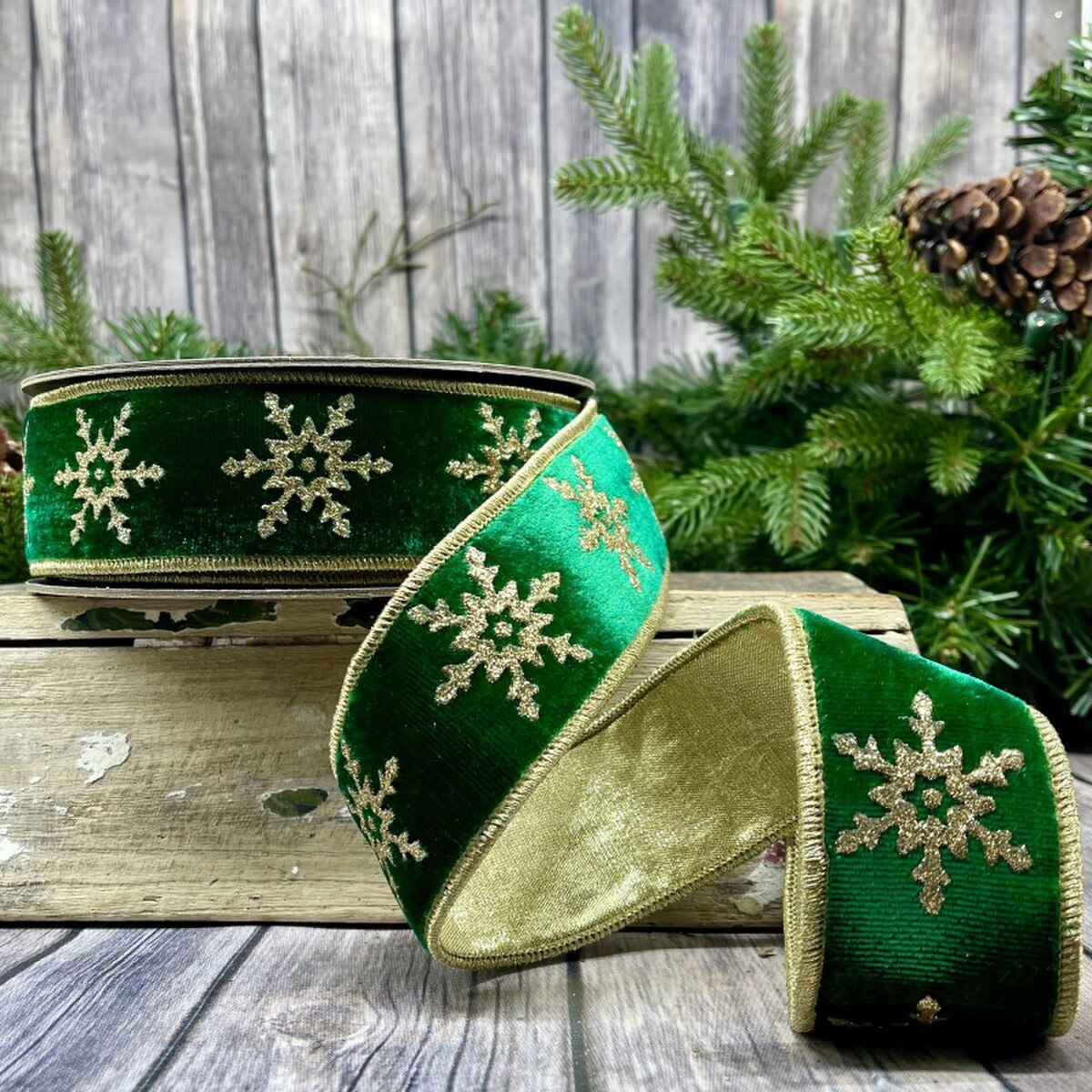 Emerald Velvet Gold Glitter Snowflake Ribbon 2 Inch x 10 Yds