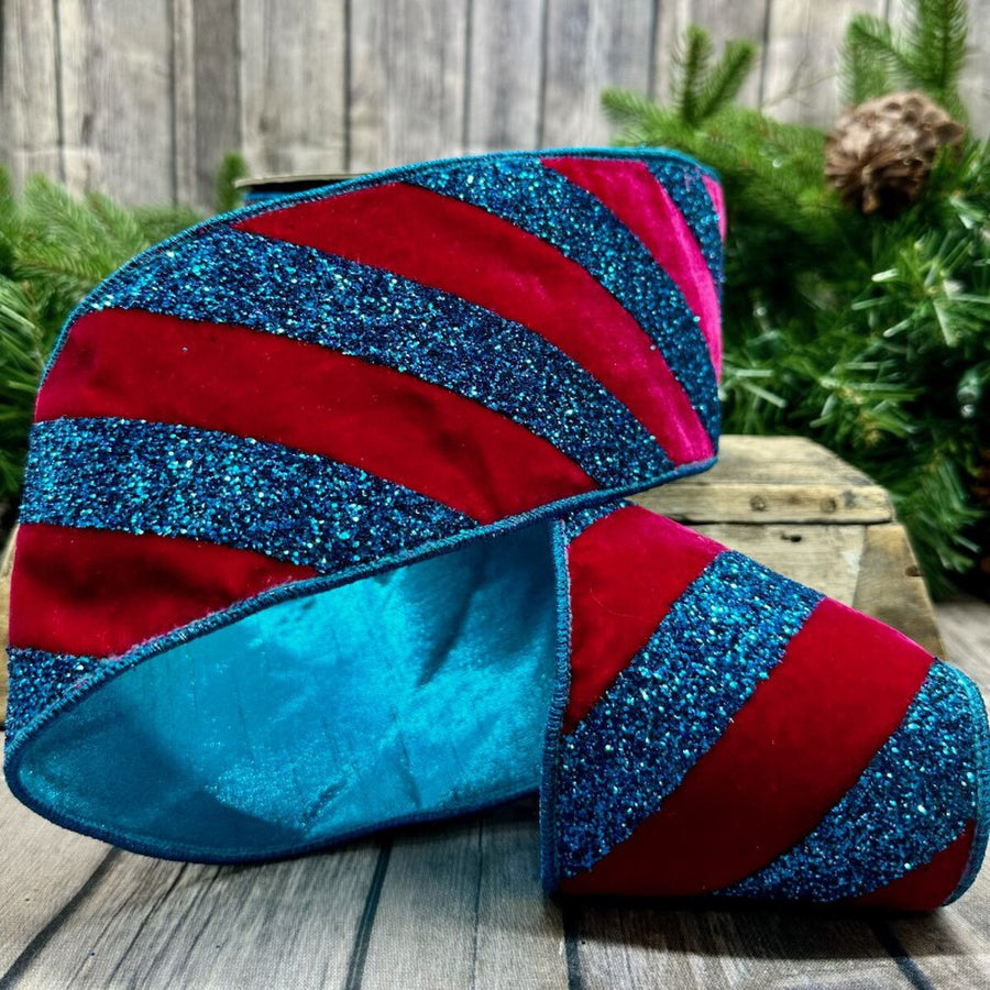 Glitter Stripe Hot Pink Ribbon in Velvet Teal Blue, 4" x 10 Yds