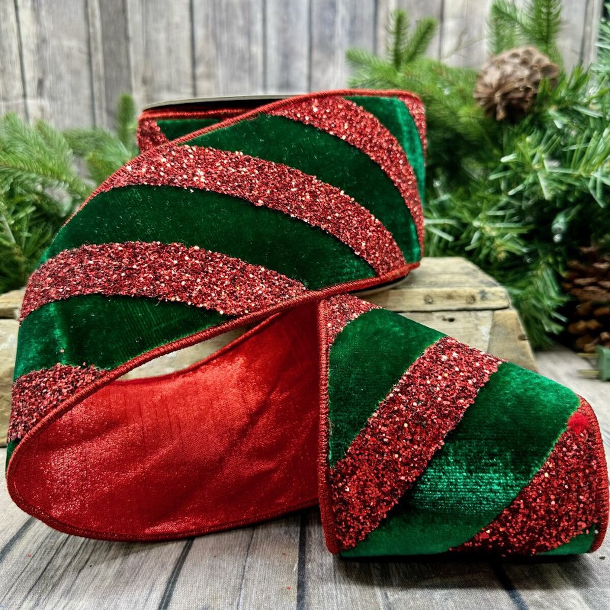 Velvet Red Glitter Stripe Ribbon 4 Inch x 10 Yards