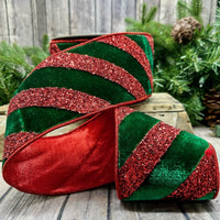 Velvet Red Glitter Stripe Ribbon 4 Inch x 10 Yards
