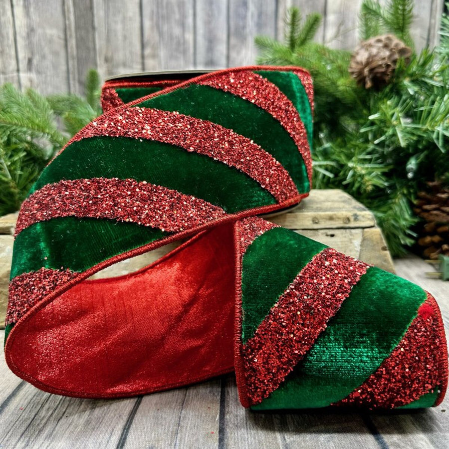 Velvet Red Glitter Stripe Ribbon 4 Inch x 10 Yards