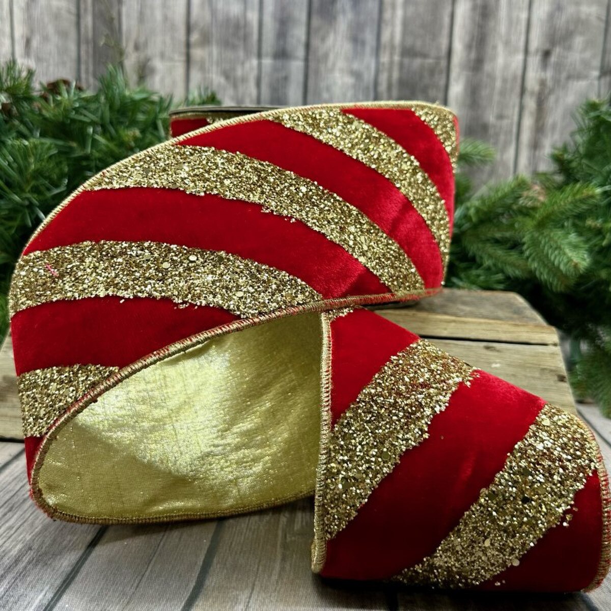 Red Velvet Glitter Stripe Ribbon 4 Inch x 10 Yards