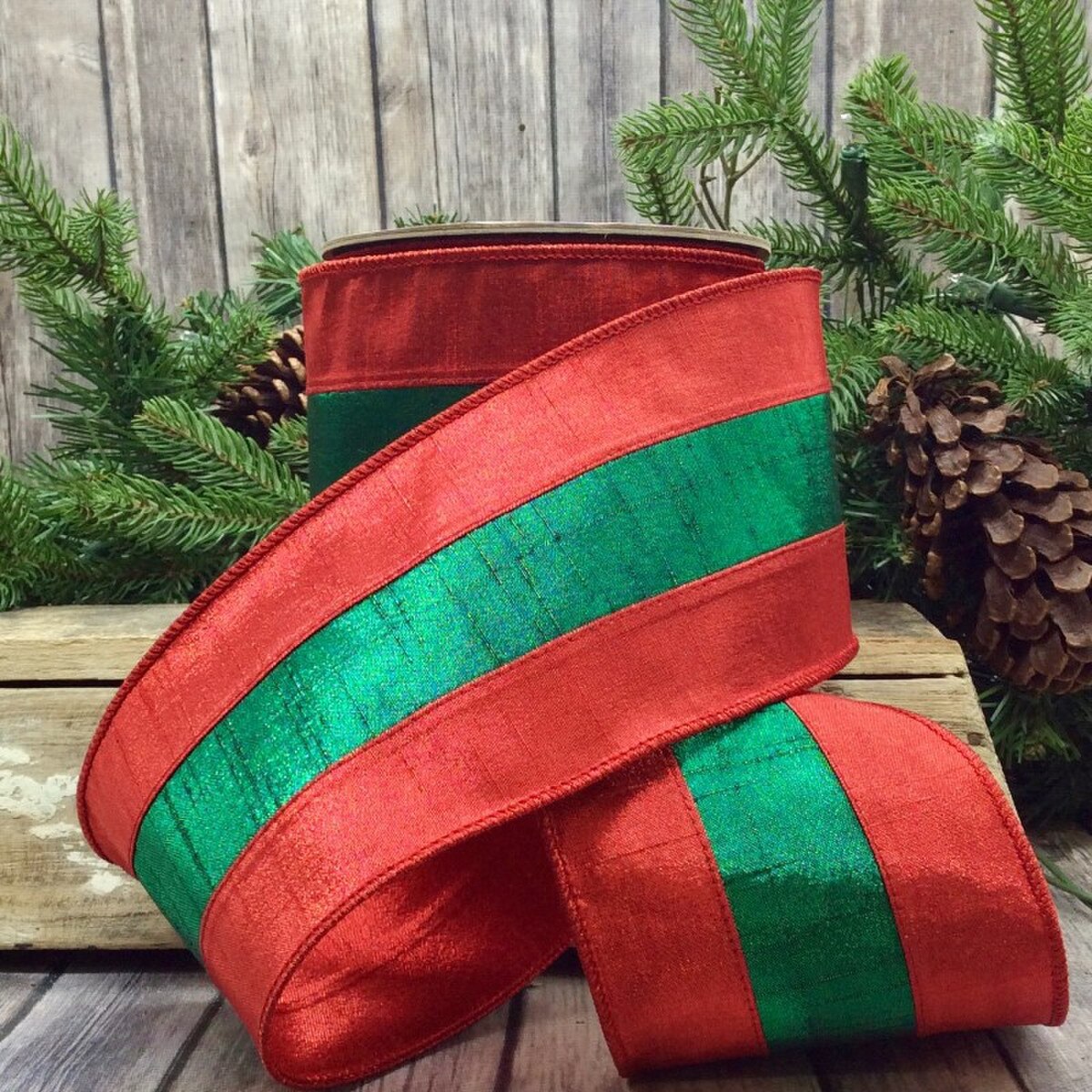 Metallic Dupion Ribbon Green Center Red Edge 4 Inch x 10 Yds