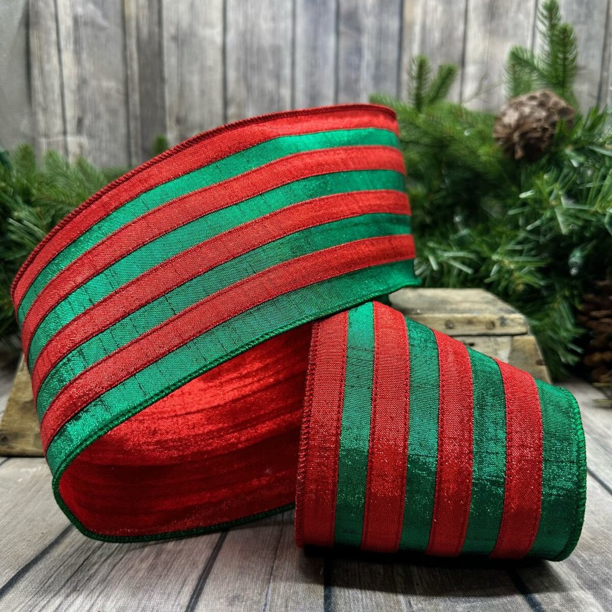 Metallic Dupion Ribbon Red Green 4 Inch x 10 Yards