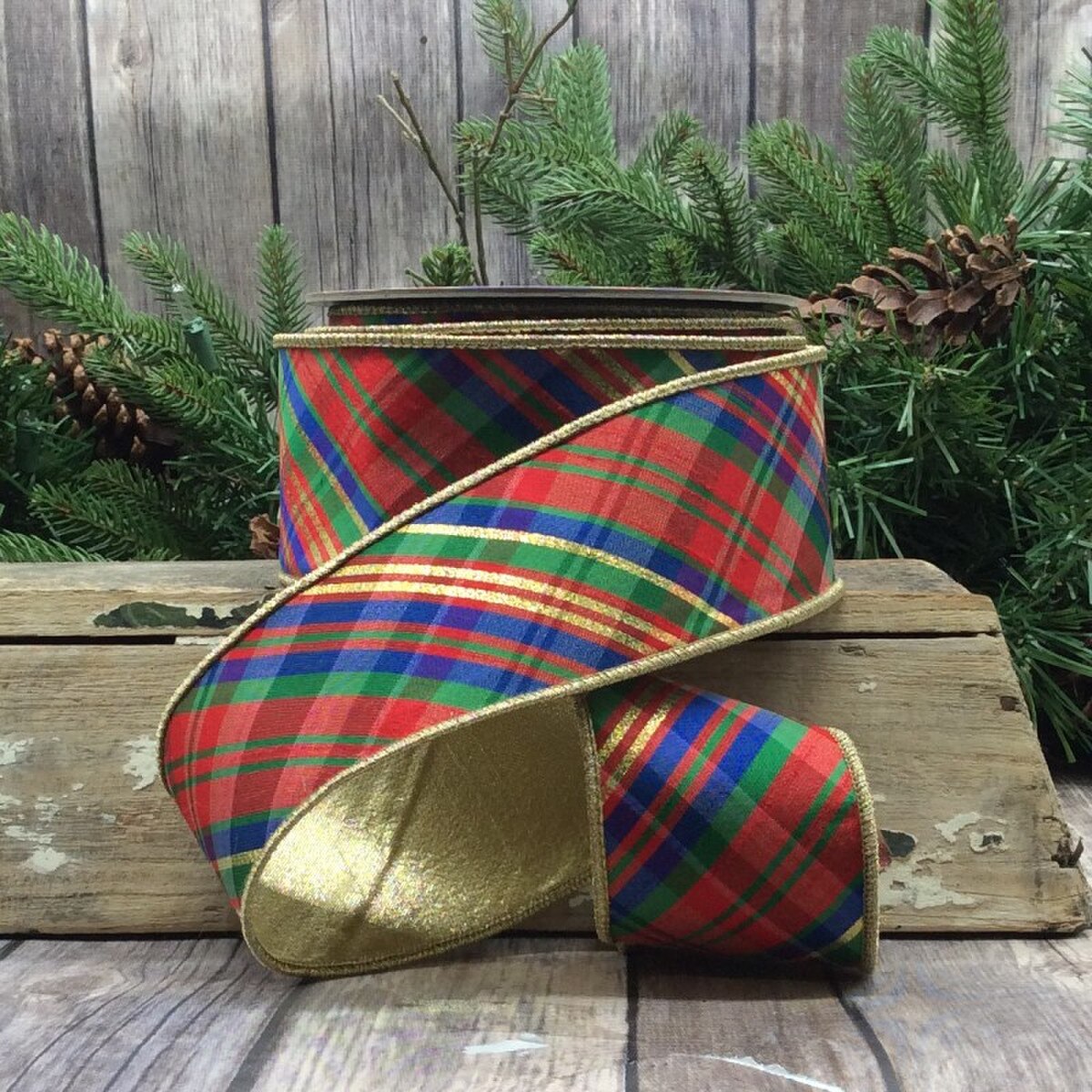 Yuletide Plaid Dupion Ribbon Red Green Blue 2.5" x 10 Yds