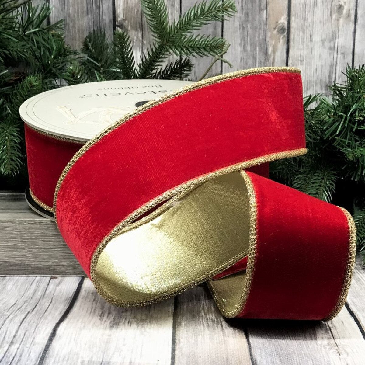 Red Velvet Glitter Ribbon with Gold Trim 2.5" x 10 Yds