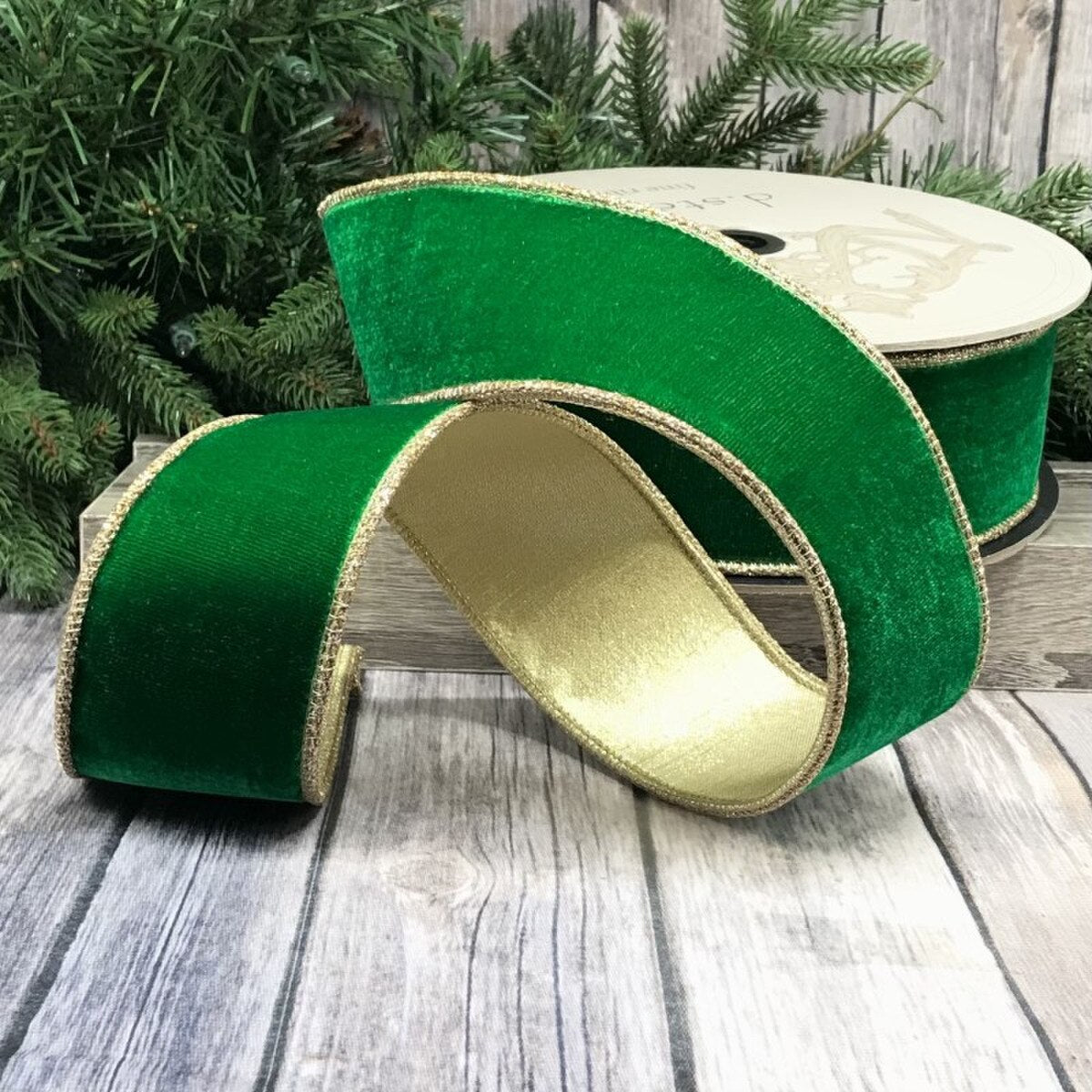 Emerald Green Velvet Glitter Ribbon with Gold Trim 2.5" x 10 Yds