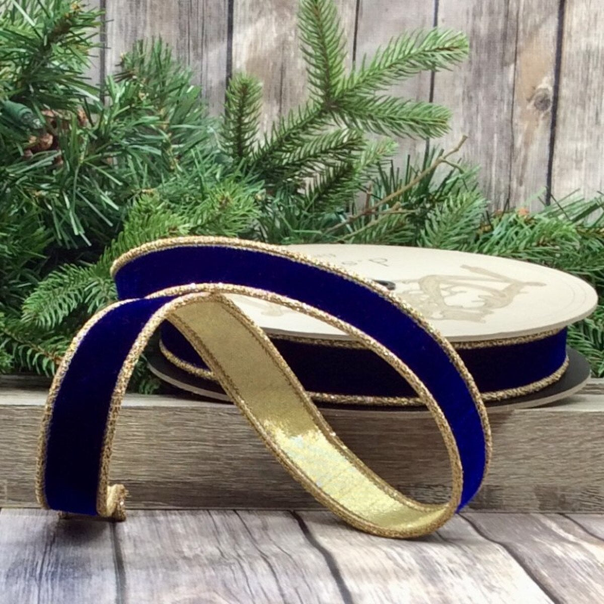 Royal Blue Velvet Glitter Ribbon with Gold Trim 1" x 10 Yds