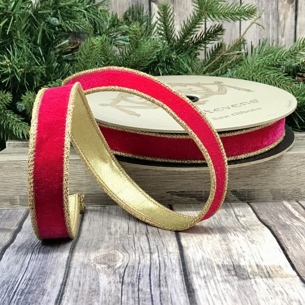 Hot Pink Velvet Glitter Ribbon with Gold Trim 1" x 10 Yds