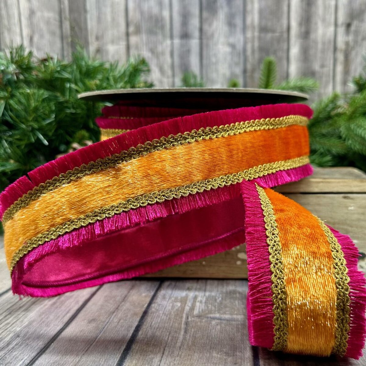 Hot Pink Velvet Ribbon with Gold Trim 2.25" x 10 Yds