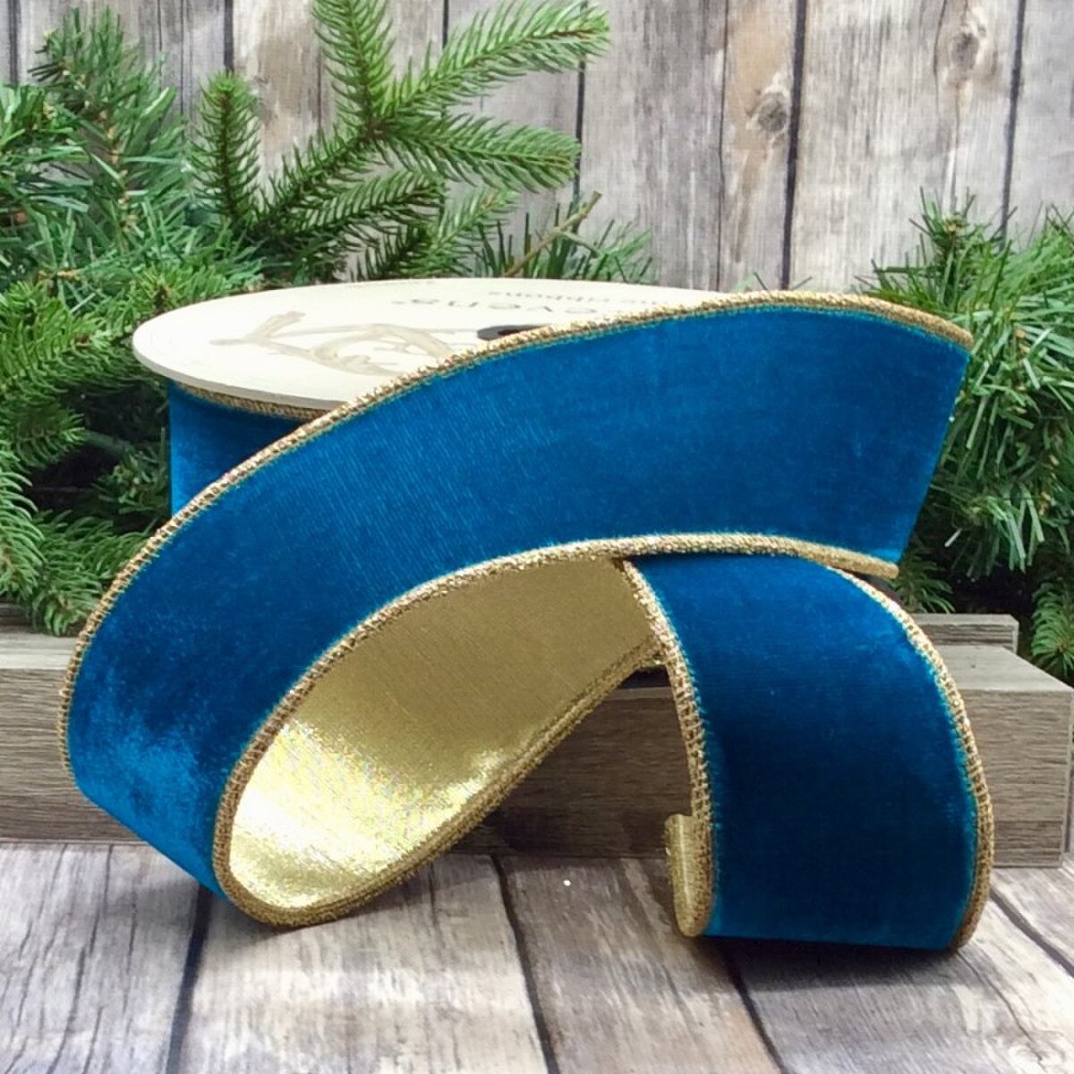 Teal Blue Velvet Glitter Ribbon with Gold Trim 2.5" x 10 Yds