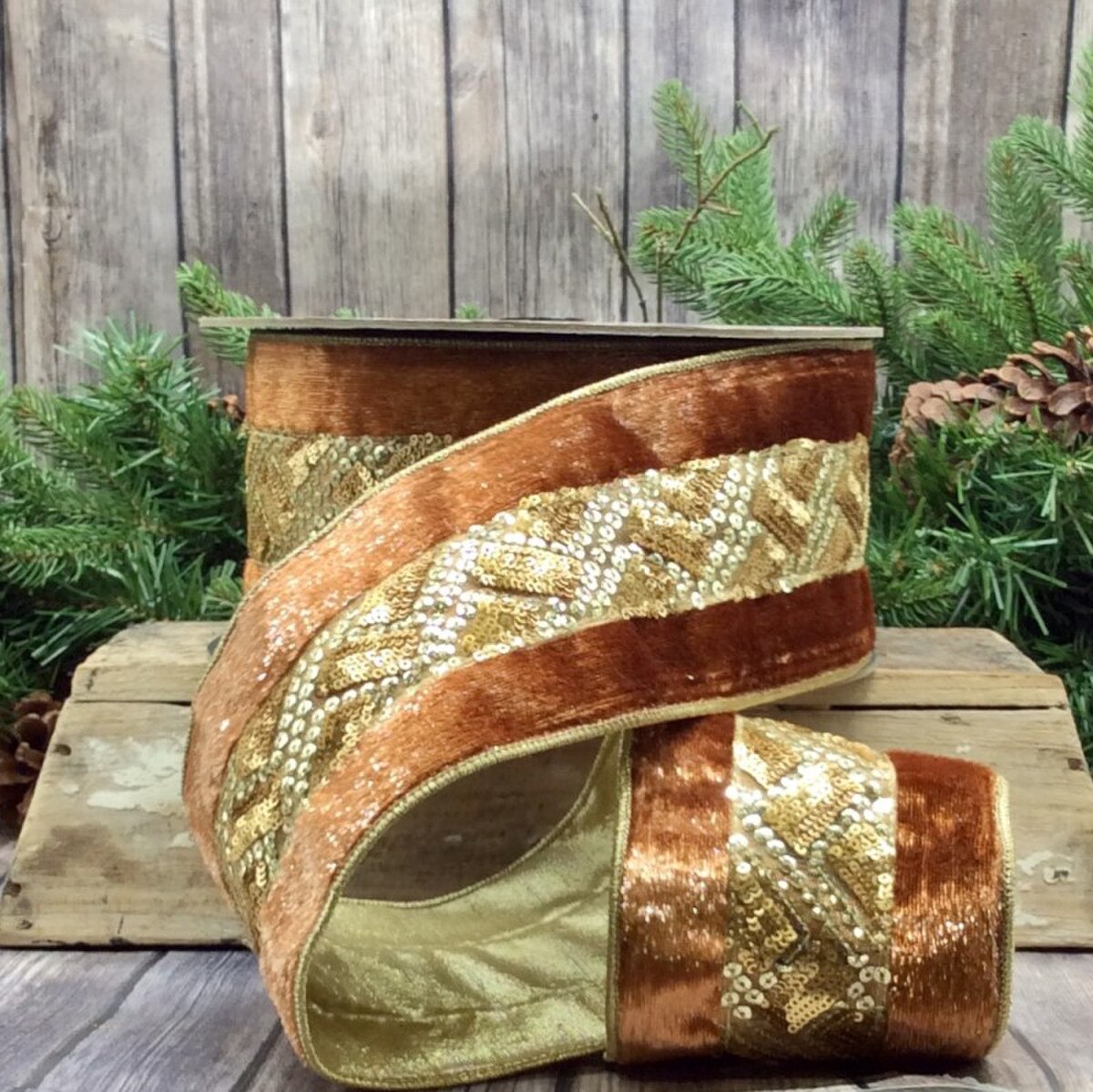 Rust Ribbon with Velvet Sequin Metallic Gold Center Trim