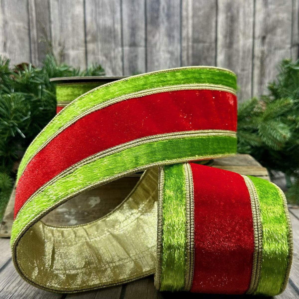 Lime Green Ribbon with Ice Velvet Red Center 4" x 10 Yds