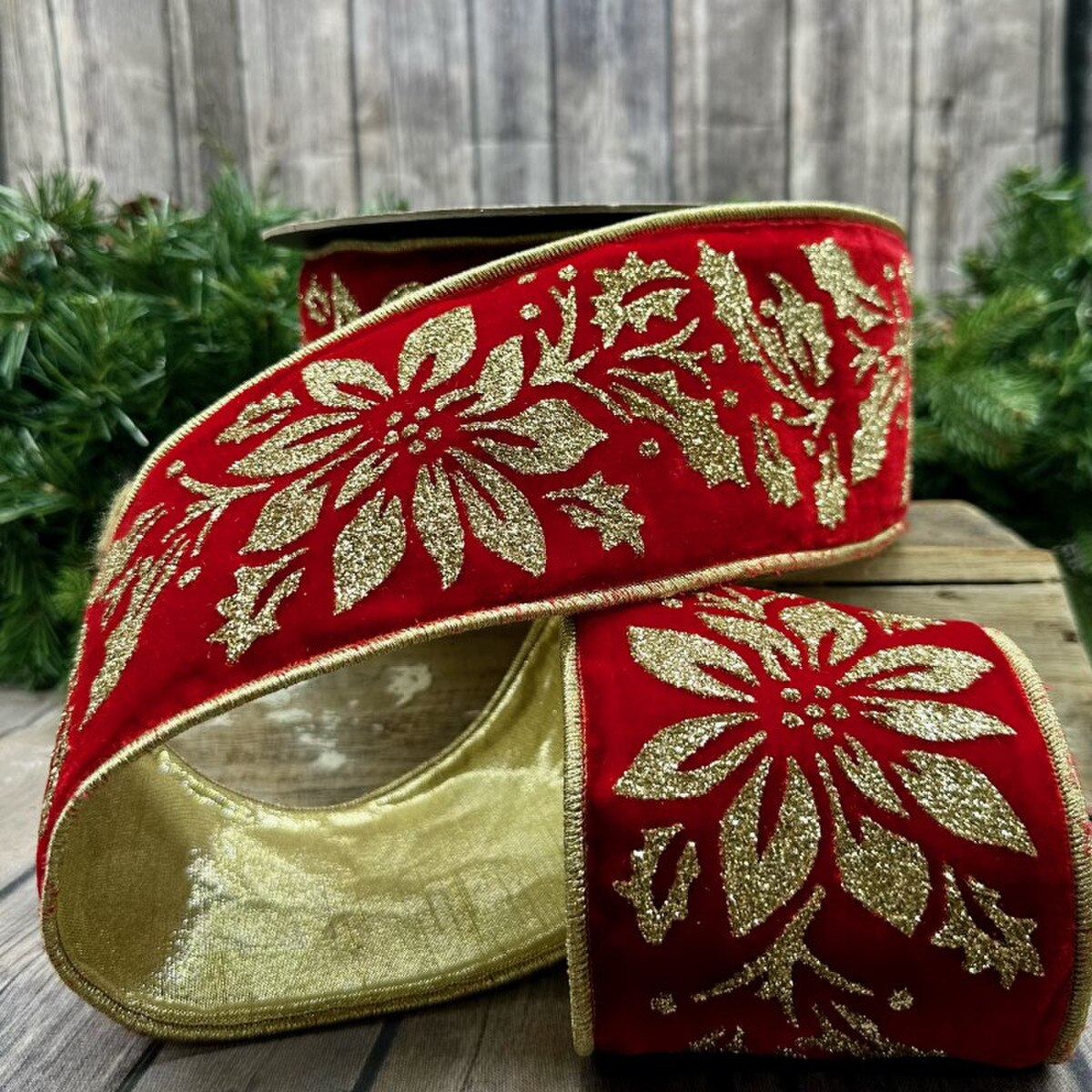Holly Poinsettia Red Ribbon with Gold Glitter 4" x 10 Yds