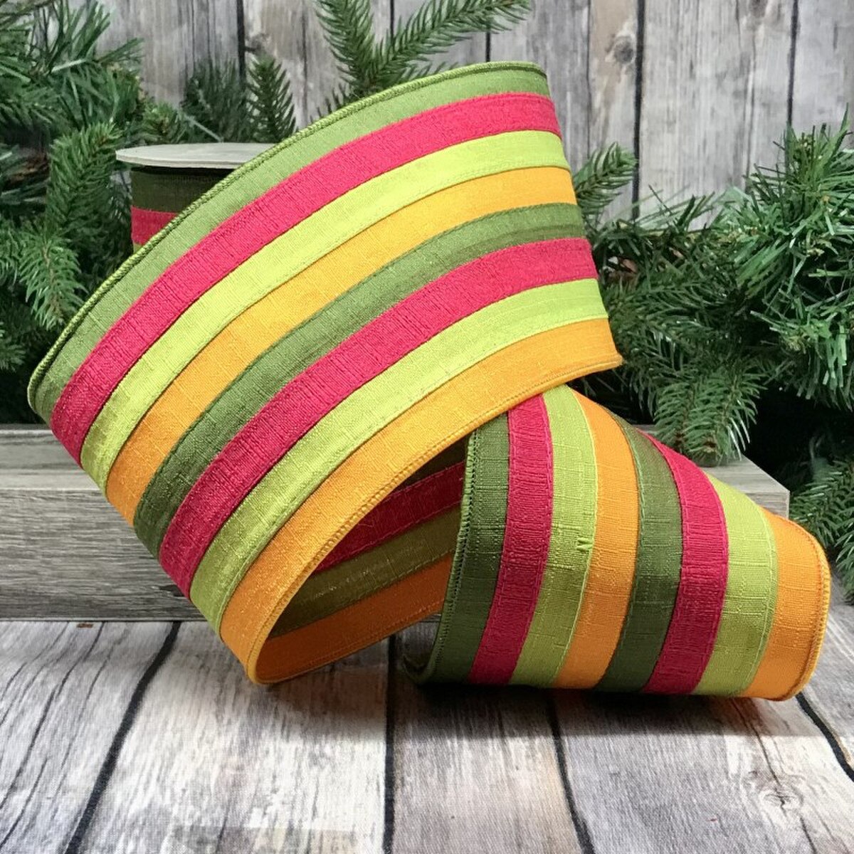 Pumpkin Green Olive Dupion Stripe Ribbon 4" x 10 Yds