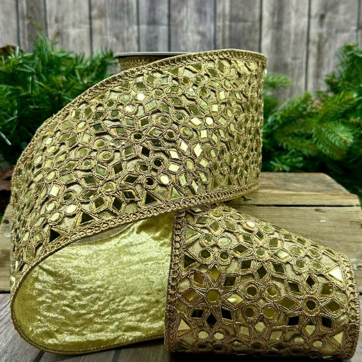 Metallic Dupion Gold Ribbon Floral Mosaic 4.5" x 5 Yds