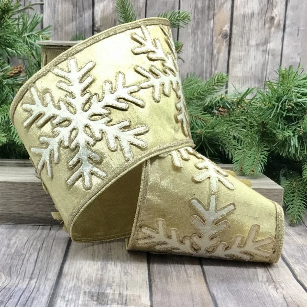 Snowflake Cutout Gold Ribbon Metallic Dupion 5.25" x 5 Yds