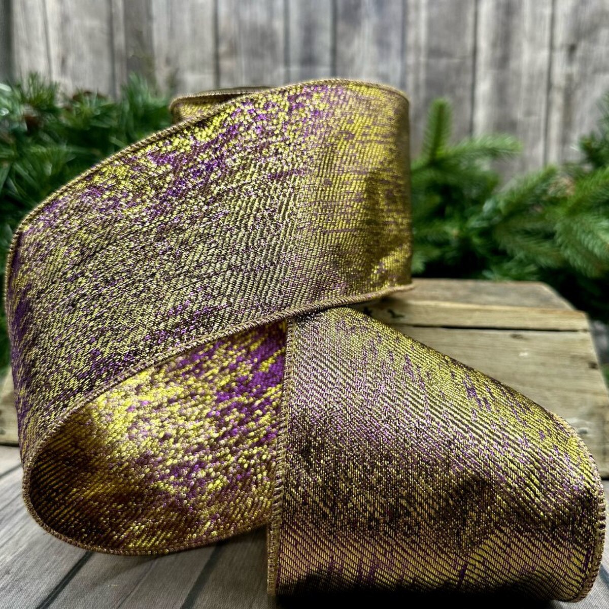Purple Gold Metallic Splash Ribbon 4 Inch x 10 Yards