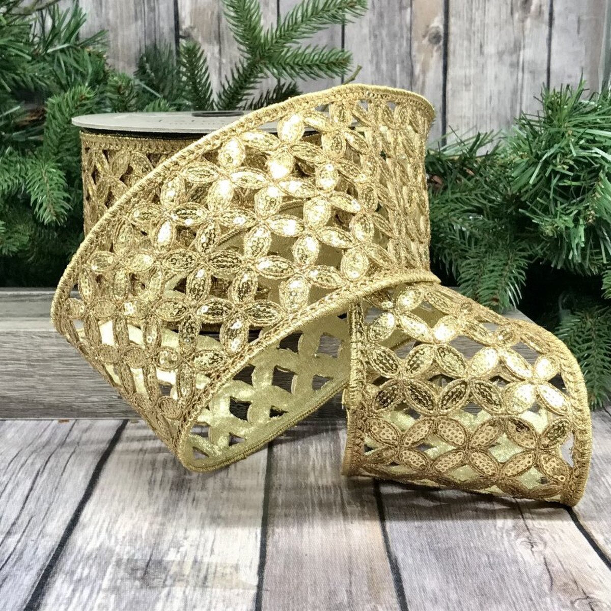 Metallic Sequin Floral Garland with Gold Ribbon 4" x 10 Yds