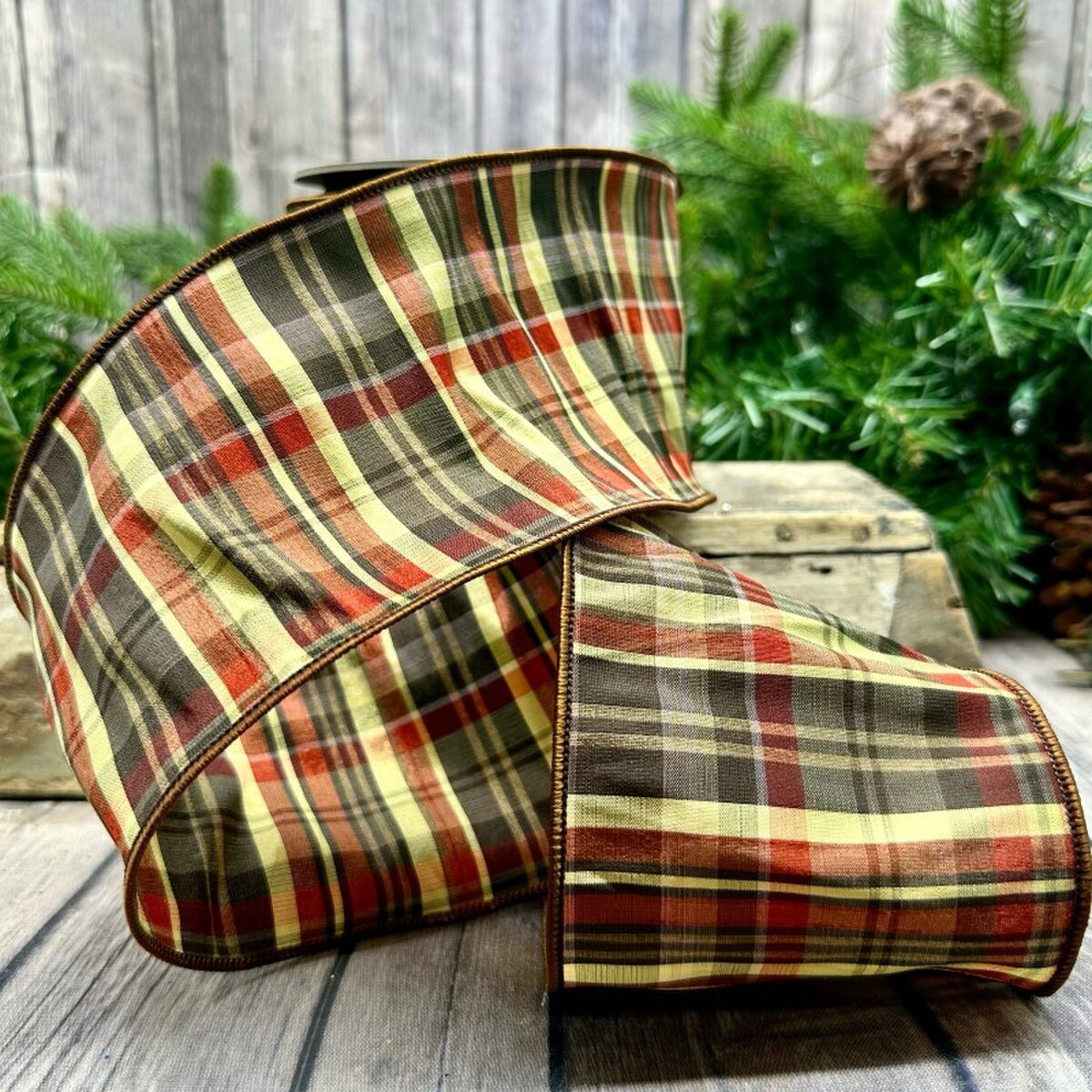 Plaid Taffeta Ribbon in Brown Rust Cream, 4" x 10 Yds