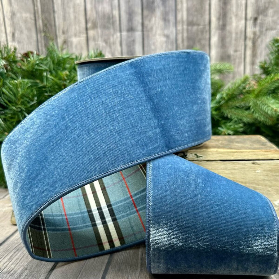 Dusty Blue Ribbon Velvet Blue Black Plaid 4" x 10 Yds