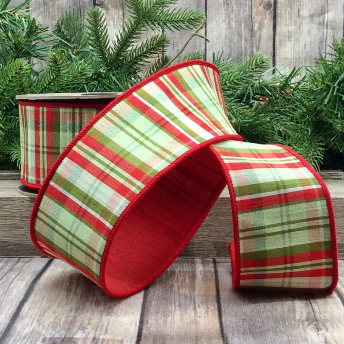 Dupion Plaid Ribbon Red Apple Green 2.5" x 10 Yds