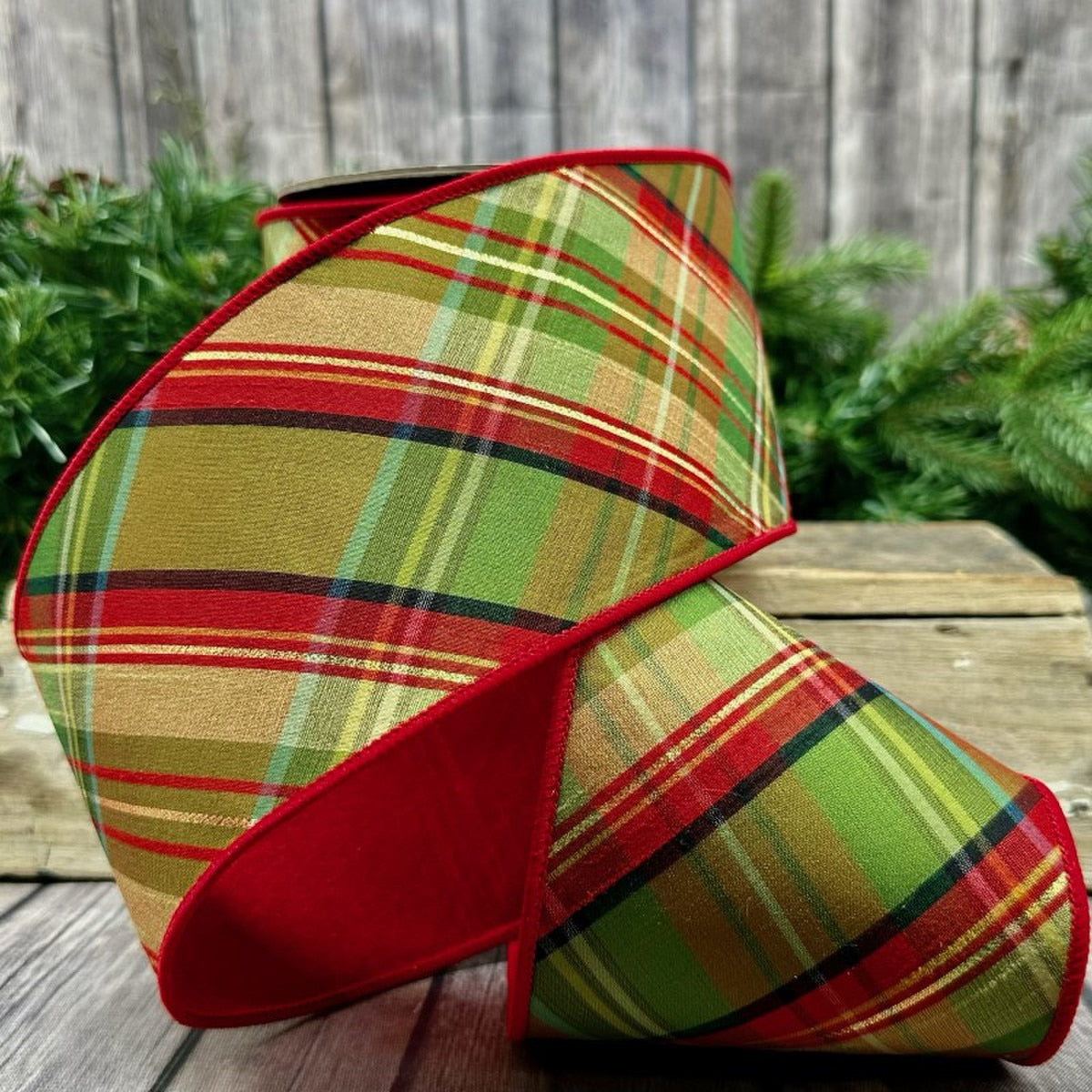 Dupion Plaid Ribbon Red Black Moss 4" x 10 Yds
