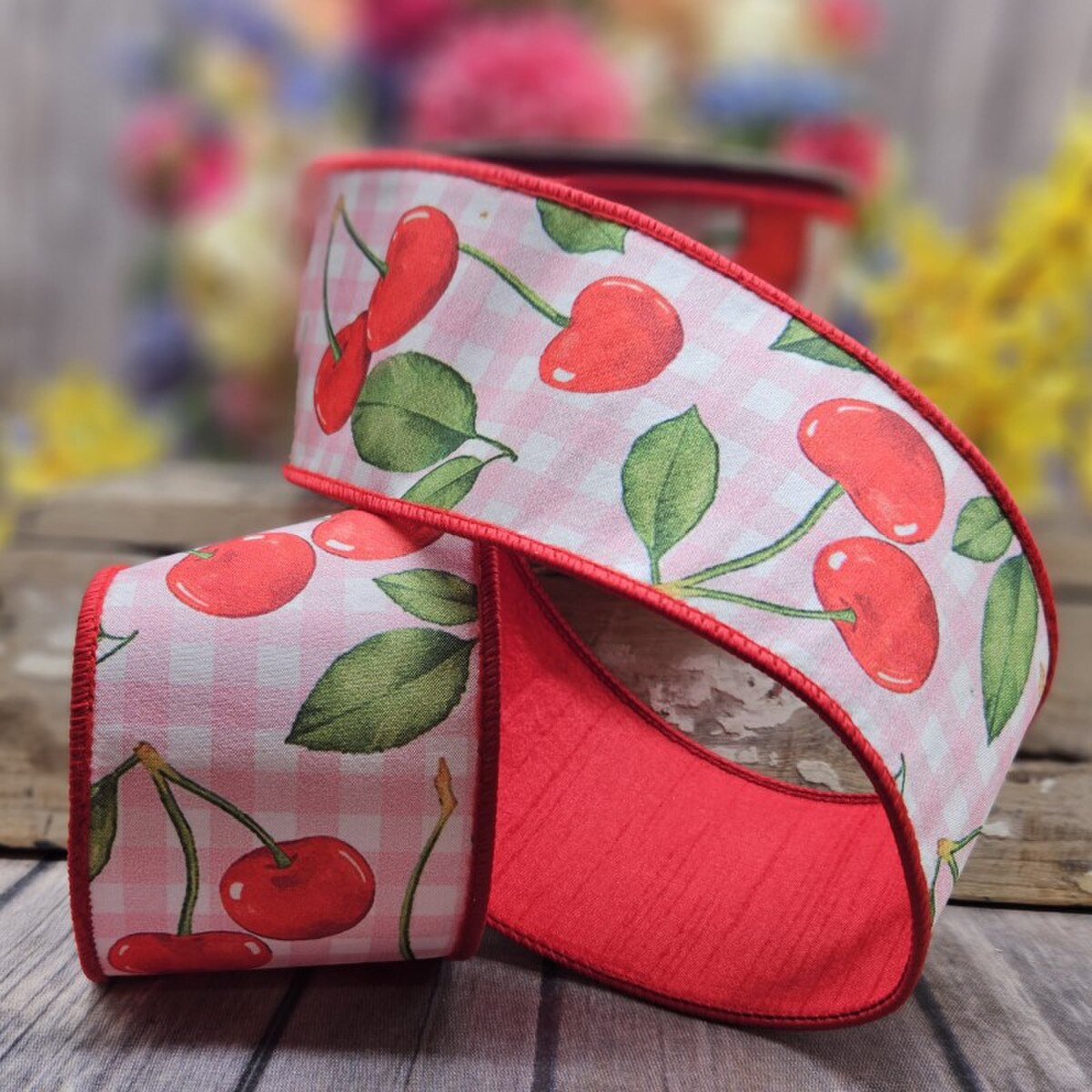 Cherry Gingham Dupion Ribbon Pink White 3 Inch x 10 Yards