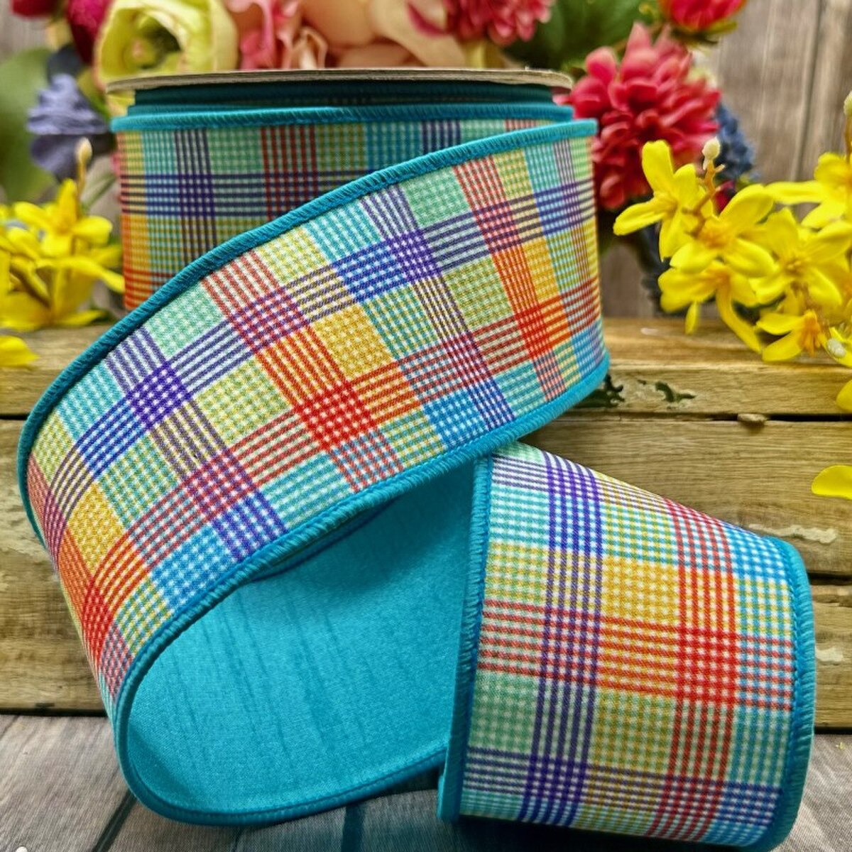 Dupion Ribbon Red Blue Yellow Plaid 2.5 Inch 10 Yards