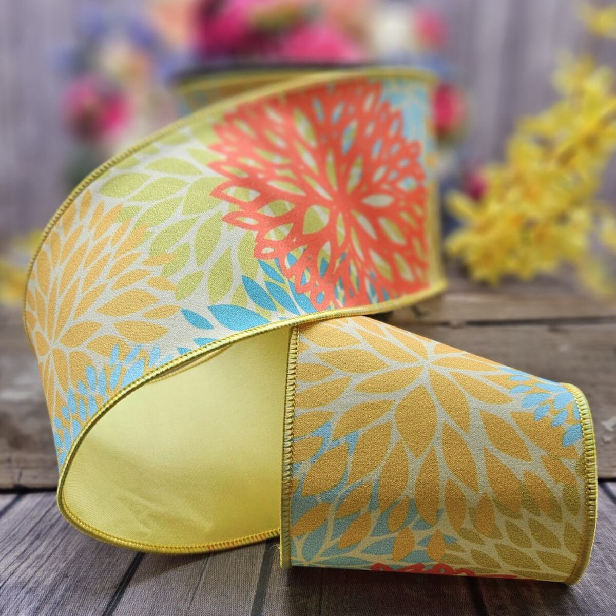 Dupion Ribbon Floral Cutout Yellow Orange Blue 4" x 10 Yds