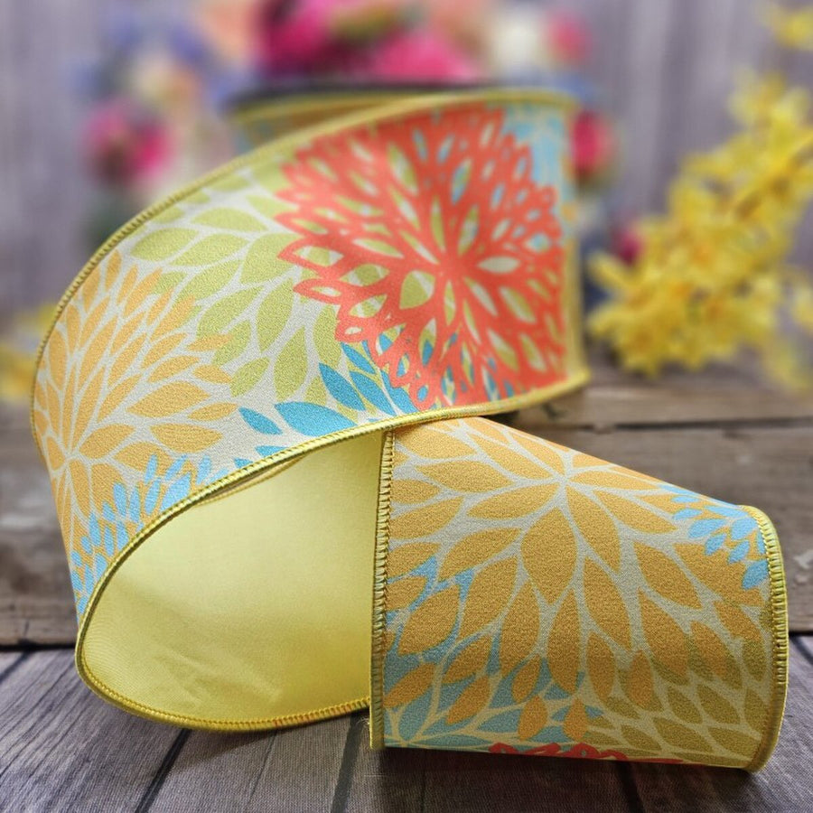 Dupion Ribbon Floral Cutout Yellow Orange Blue 4" X 10 Yds