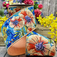 Watercolor Dupion Peach Blue Ribbon Primrose Daisies 4