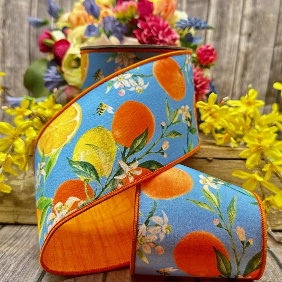 Citrus And Blossoms Dupion Watercolor Ribbon 4" x 10 Yds