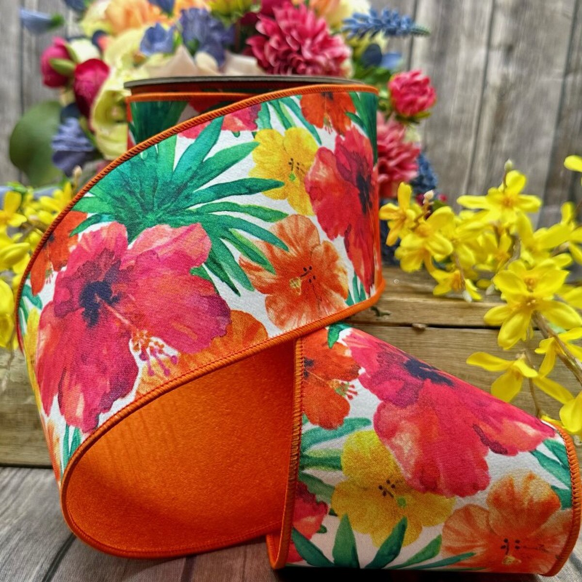 Tropical Palm Hibiscus Dupion Ribbon Yellow Hot Pink Green 4" x 10 Yds